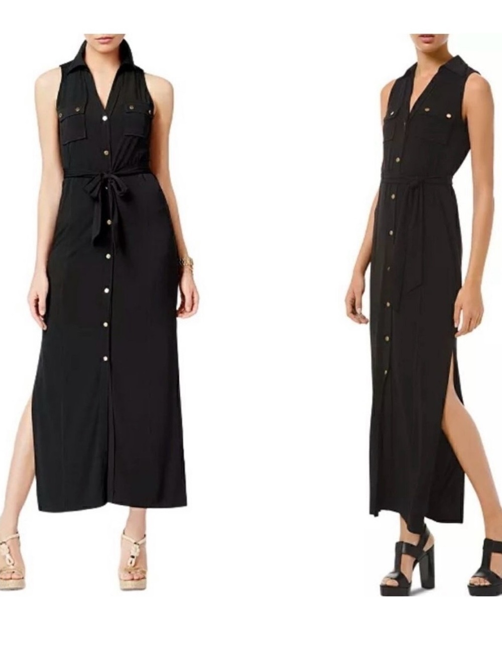 Michael Kors Sleeveless Black Button-Front Maxi Shirt Dress with Tie Waist
